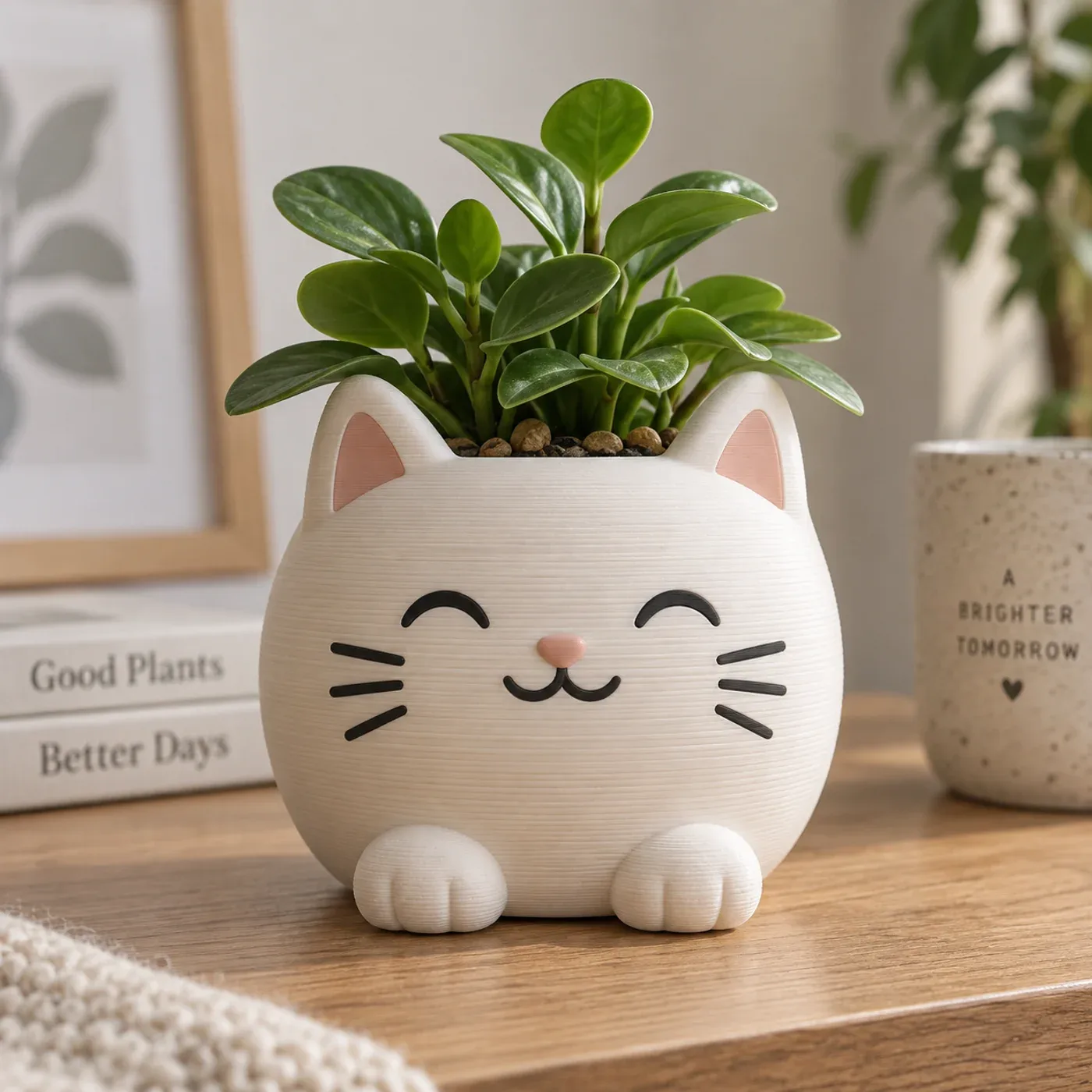 White 3D printed cat-face planter with a green houseplant