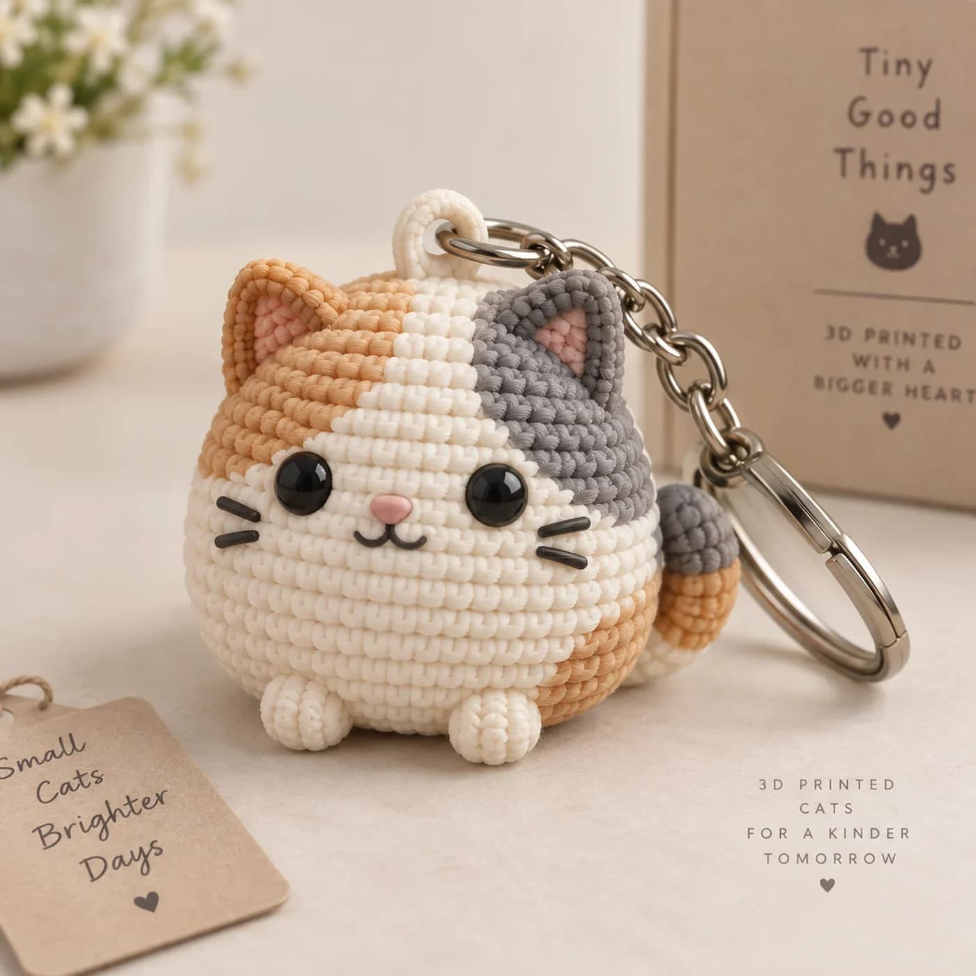 Cream, ginger and grey 3D printed cat keyring