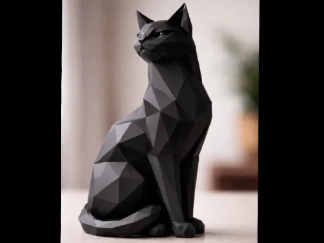 Black geometric low poly sitting cat statue