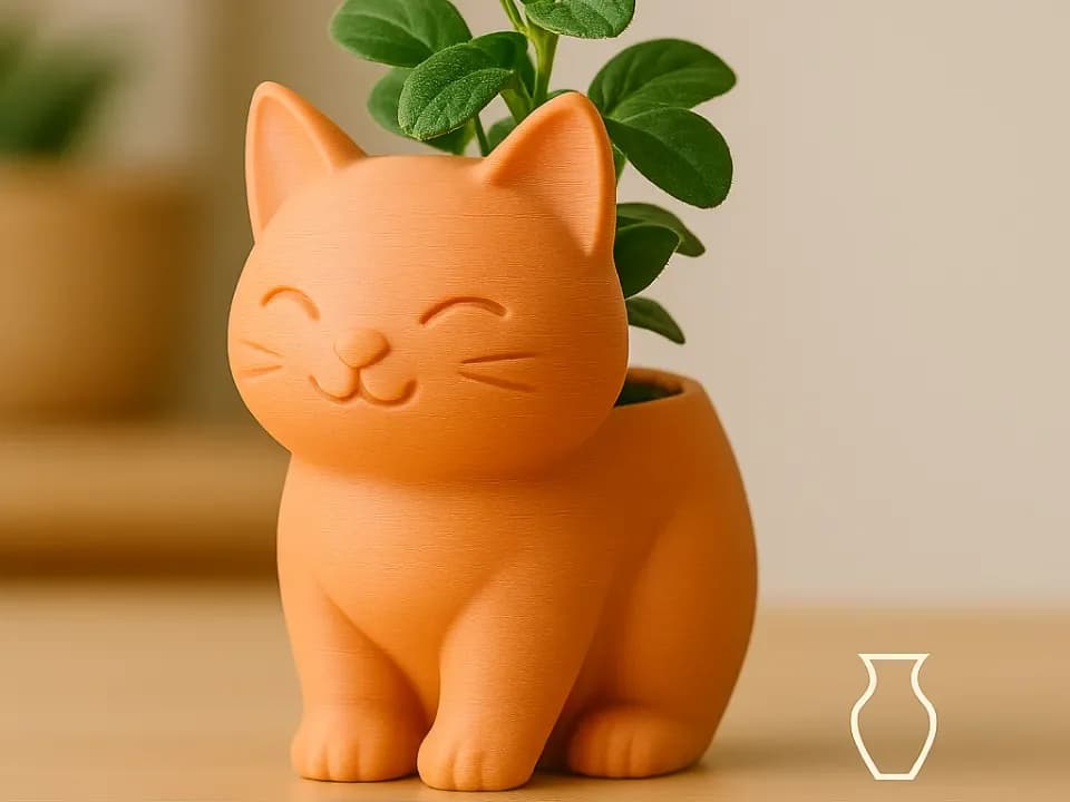Orange smiling cat planter with a green plant