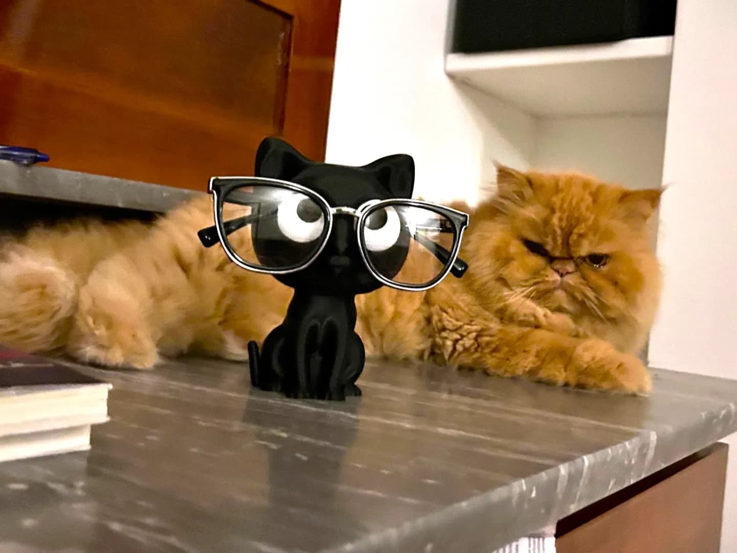 Black cat glasses holder with big eyes wearing a pair of glasses