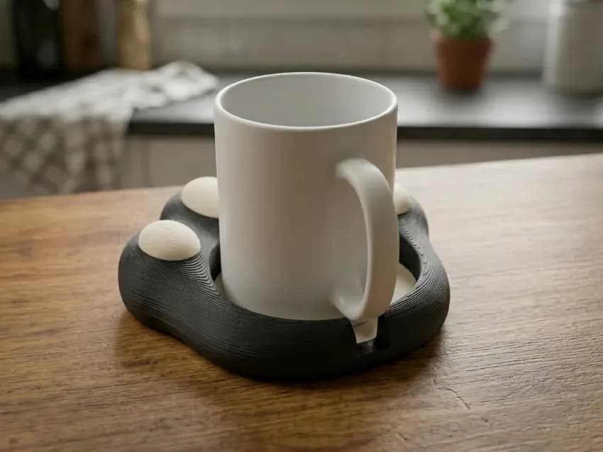 Black and grey cat paw coaster holding a white mug