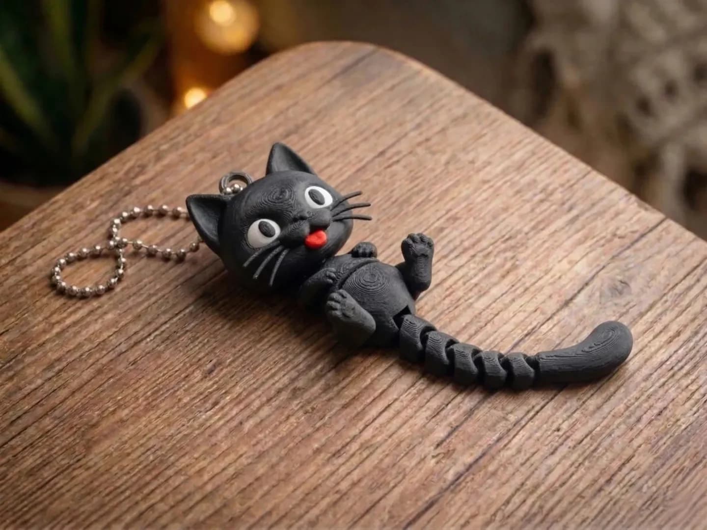 Black articulated flexi cat keyring with a red tongue on a wooden table
