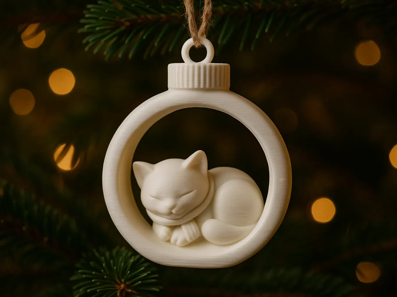 White bauble ornament with a sleeping kitten inside hanging on a Christmas tree